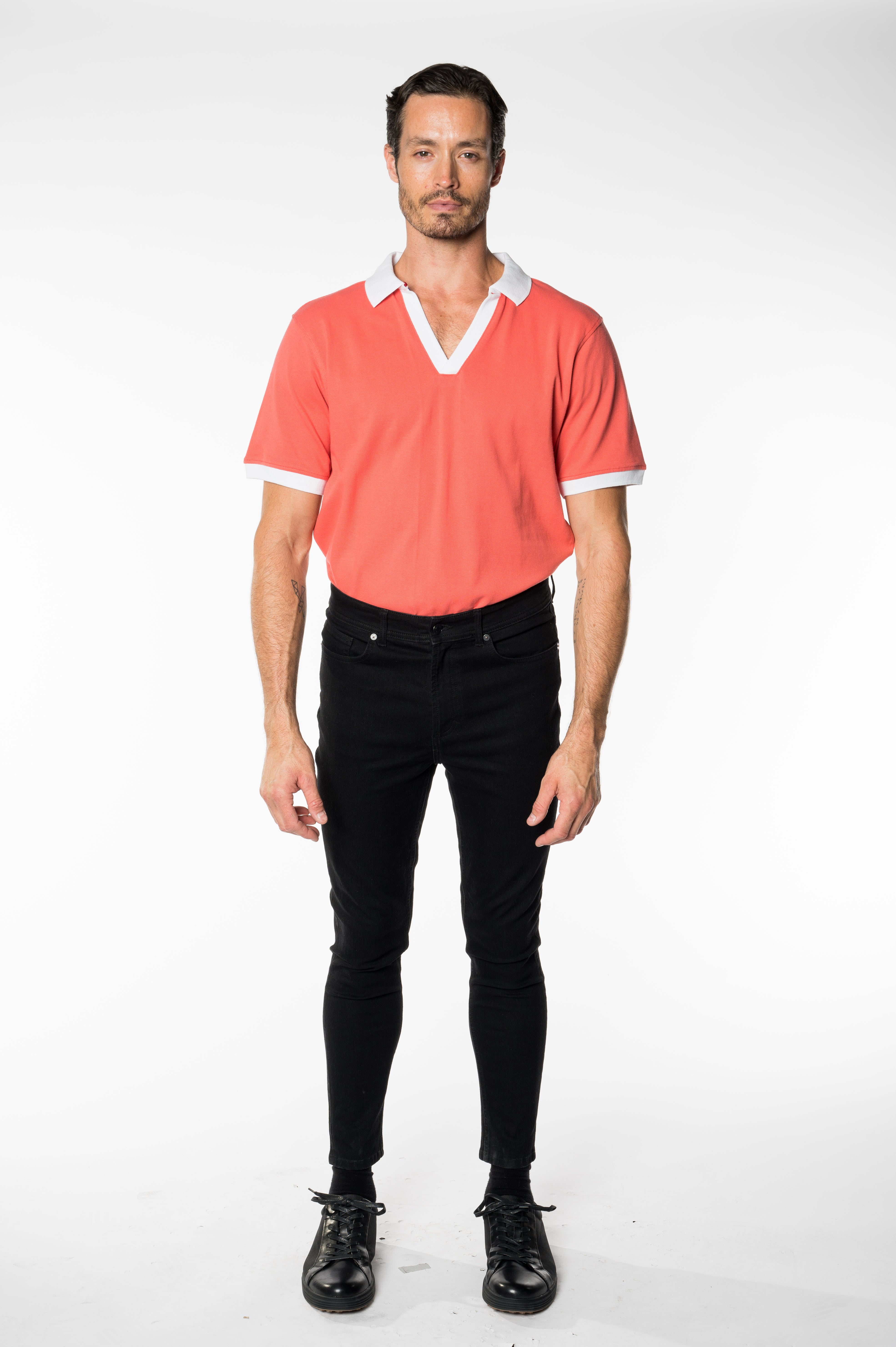 Coral Polo T-Shirt with White  Collar Accent