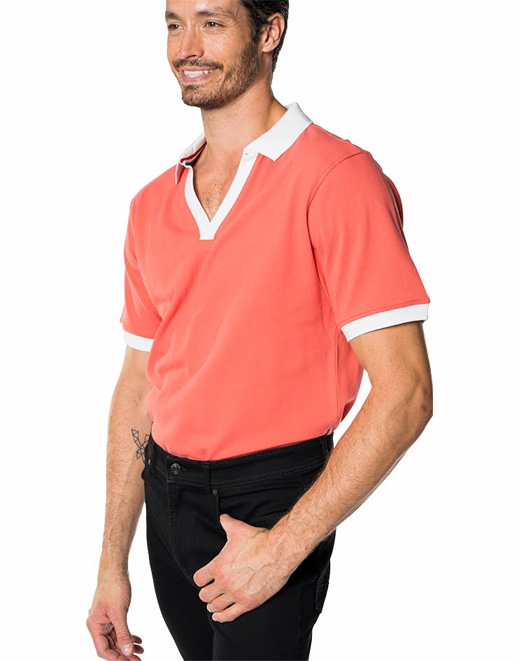 Coral Polo T-Shirt with White  Collar Accent