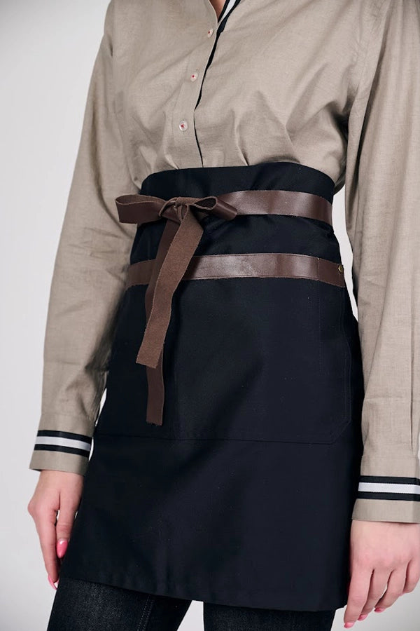 Classic Black Waist Apron with Brown Tie