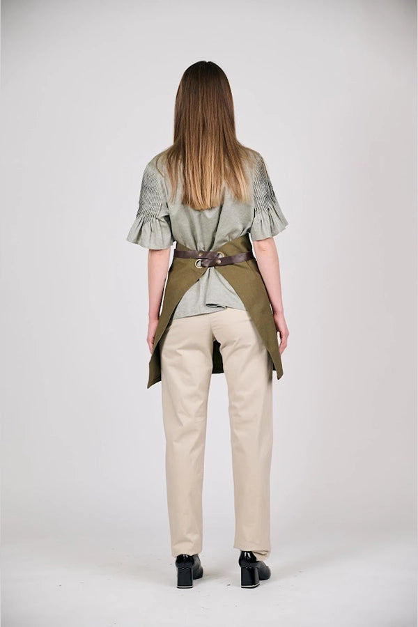 Olive Waist Apron with Leather Tie