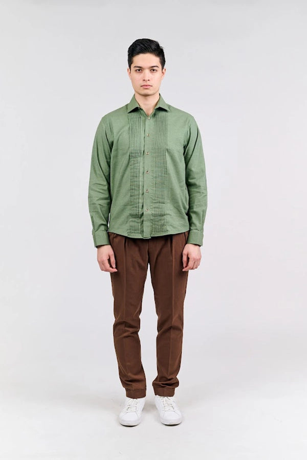 Green Pleated Front Button-Up Shirt