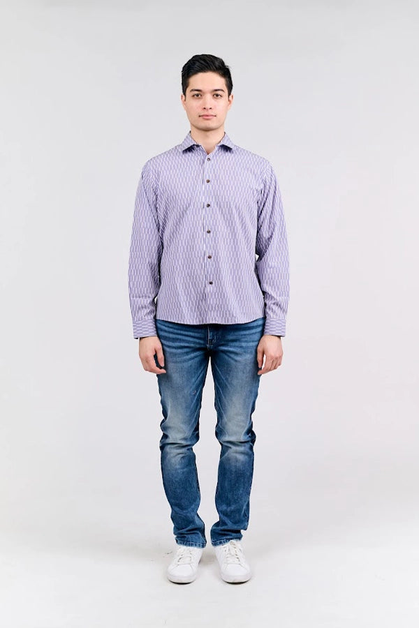 Casual Purple Striped Button-Up Shirt