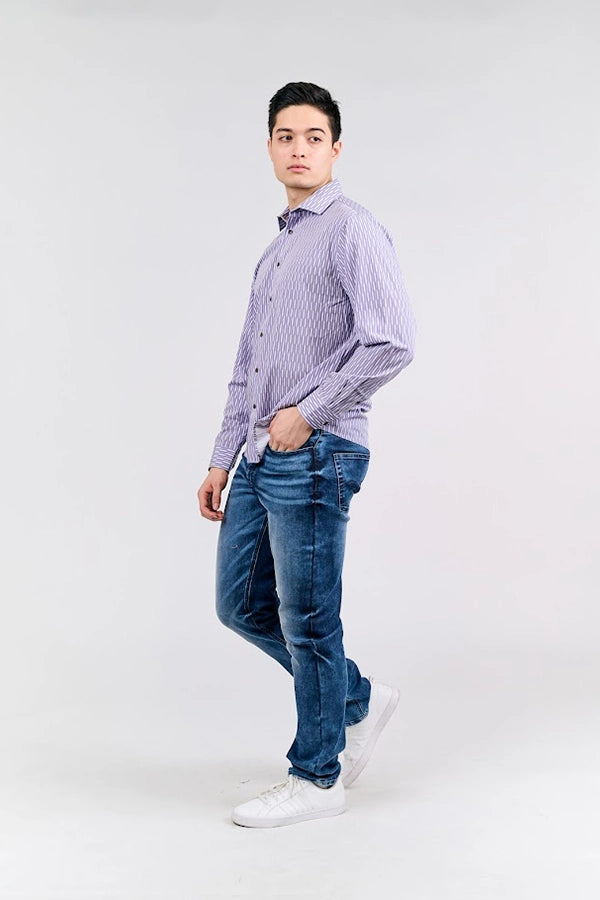 Casual Purple Striped Button-Up Shirt