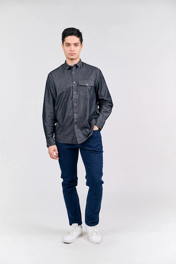 Men's Dark Denim Long- Sleeve Button-Up Shirt