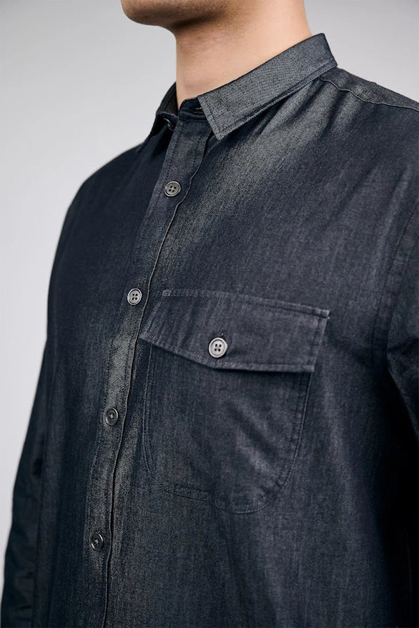 Men's Dark Denim Long- Sleeve Button-Up Shirt