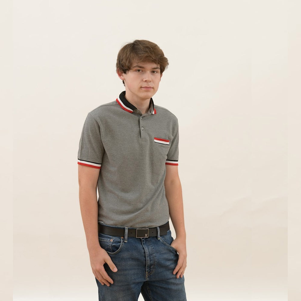 Men's Grey Polo T-Shirt  with Bold Trim Accents