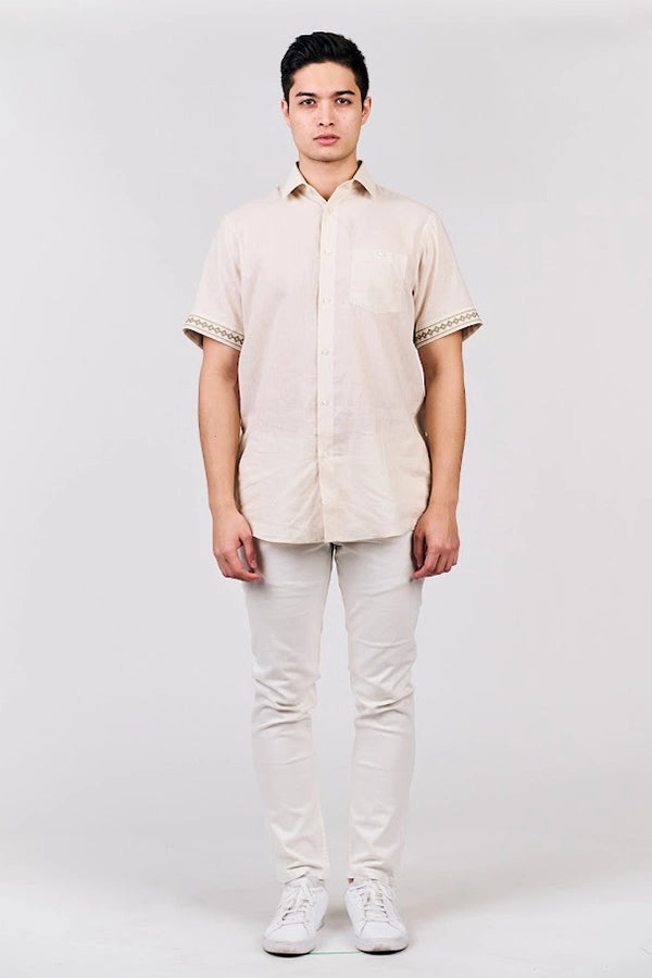 Men's Casual Beige Shirt  with Embroidered Sleeve Details