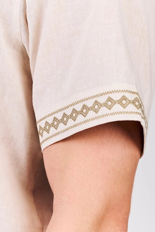 Men's Casual Beige Shirt  with Embroidered Sleeve Details