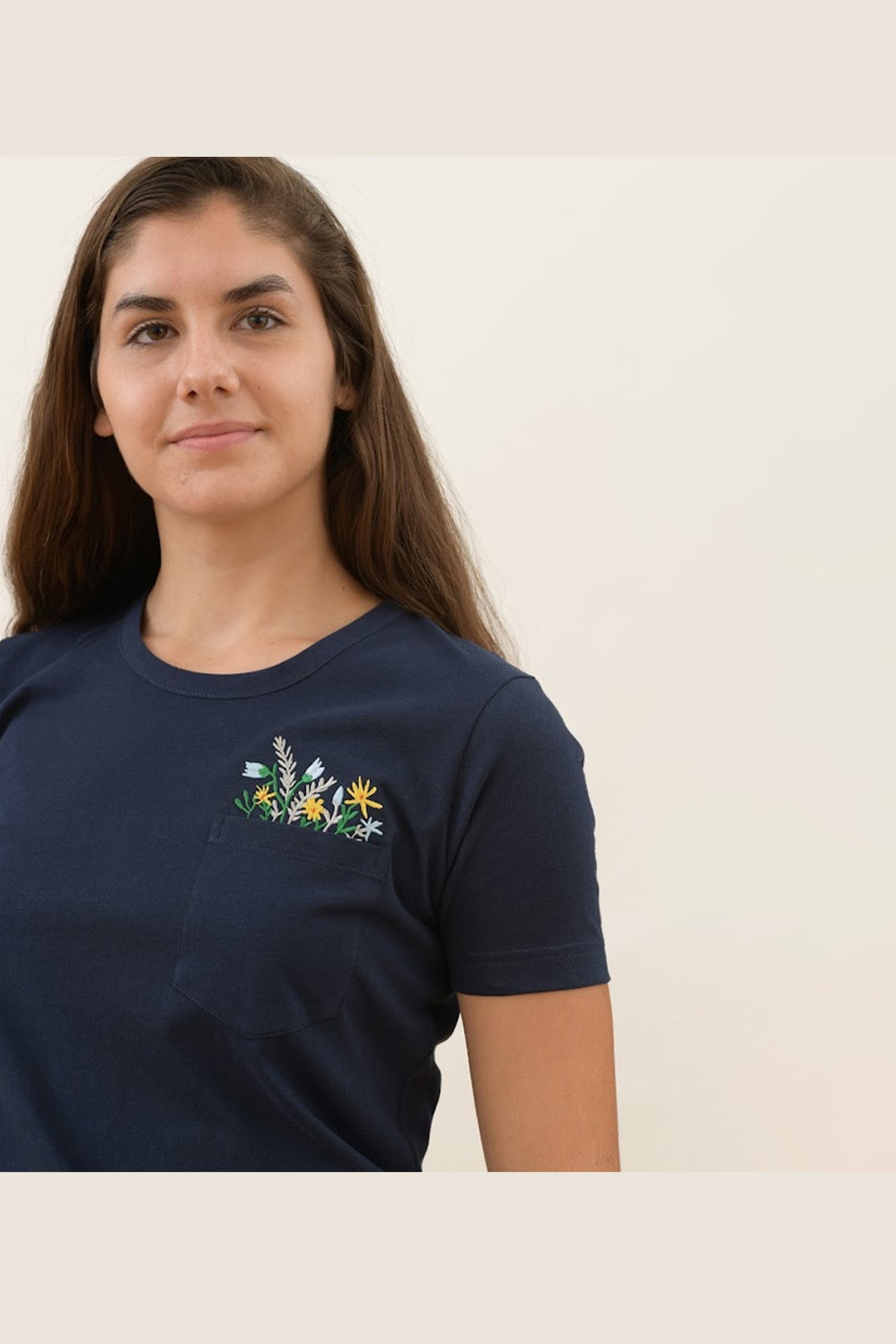 Women's Navy T-Shirt with  Floral Pocket Detail