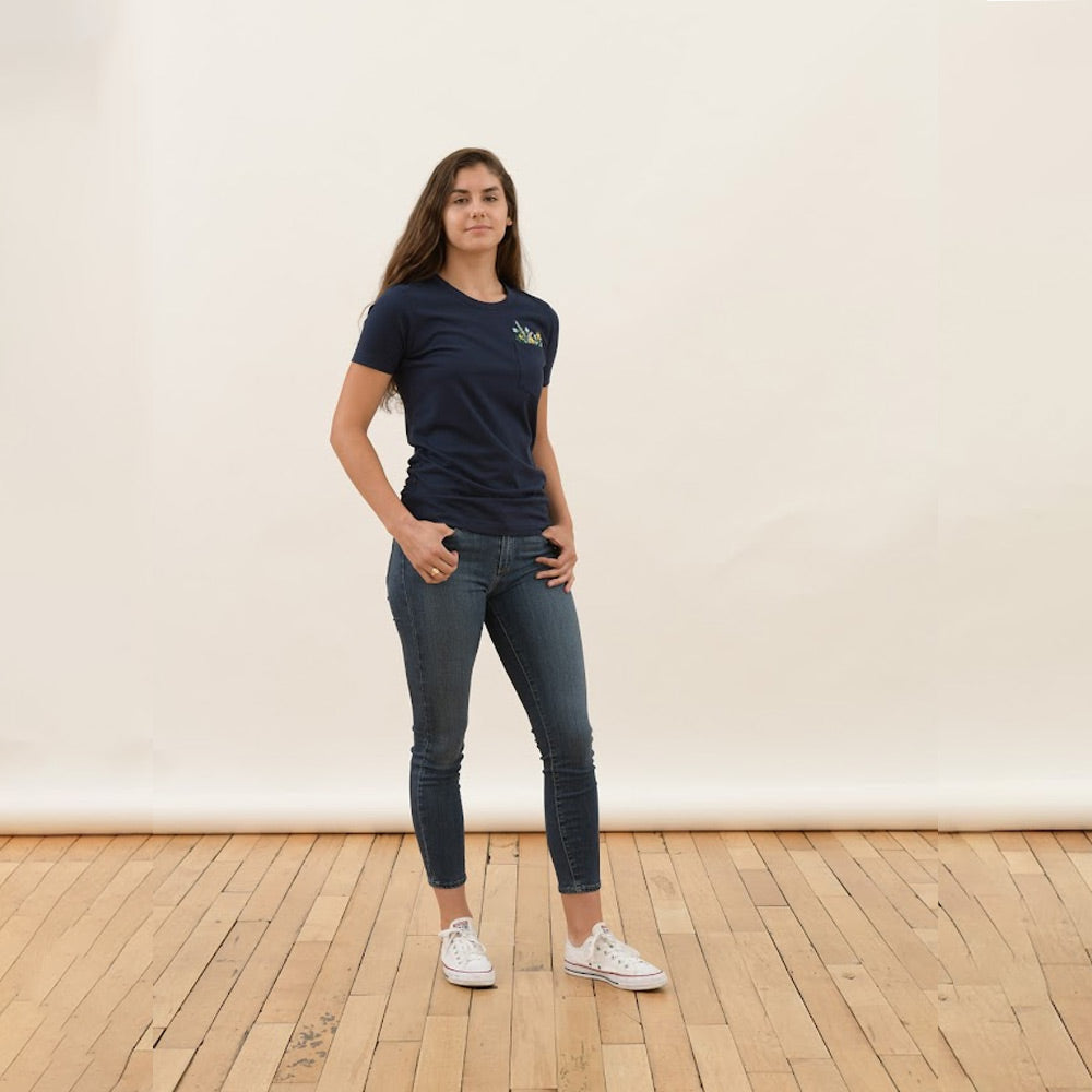 Women's Navy T-Shirt with  Floral Pocket Detail