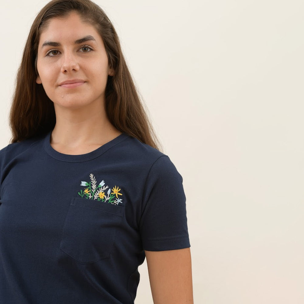 Women's Navy T-Shirt with  Floral Pocket Detail