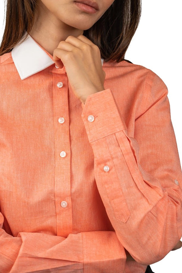 Elegant Coral Button-Up Shirt with  Contrast Collar