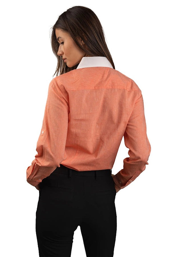 Elegant Coral Button-Up Shirt with  Contrast Collar