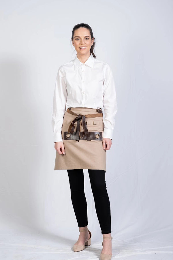 Beige Waist Apron with Leather Accent &  Utility Pockets