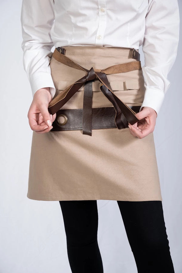 Beige Waist Apron with Leather Accent &  Utility Pockets