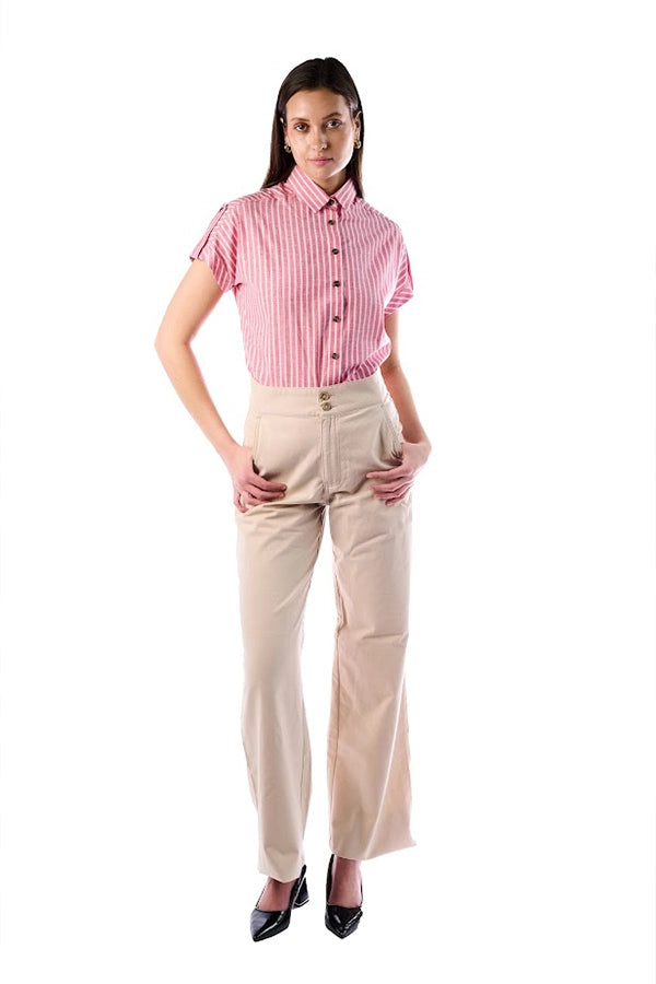 Red and White Striped Short-Sleeve Button-Up Shirt