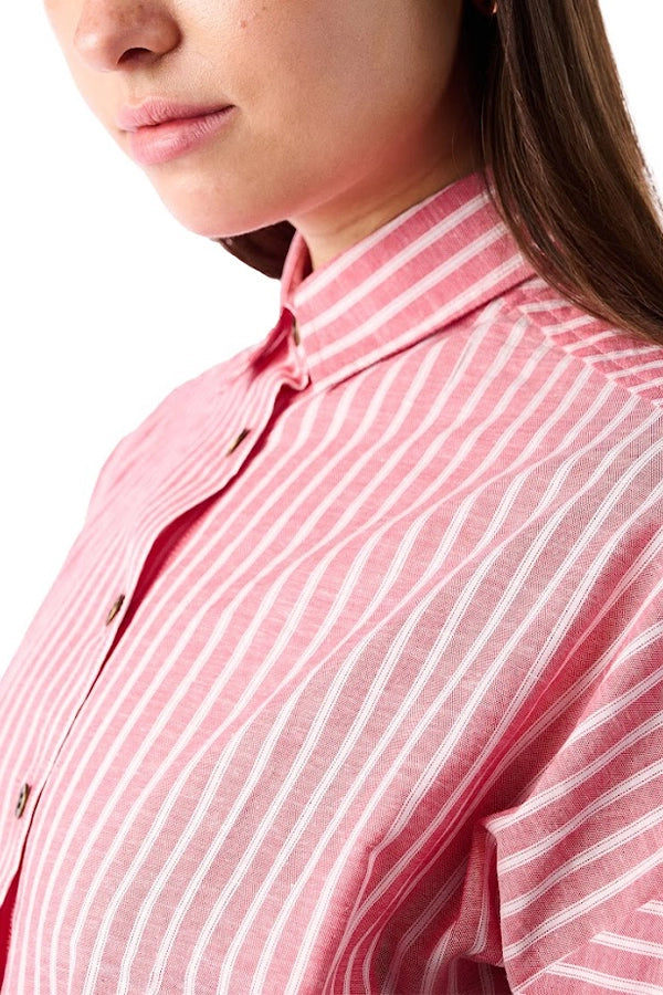 Red and White Striped Short-Sleeve Button-Up Shirt