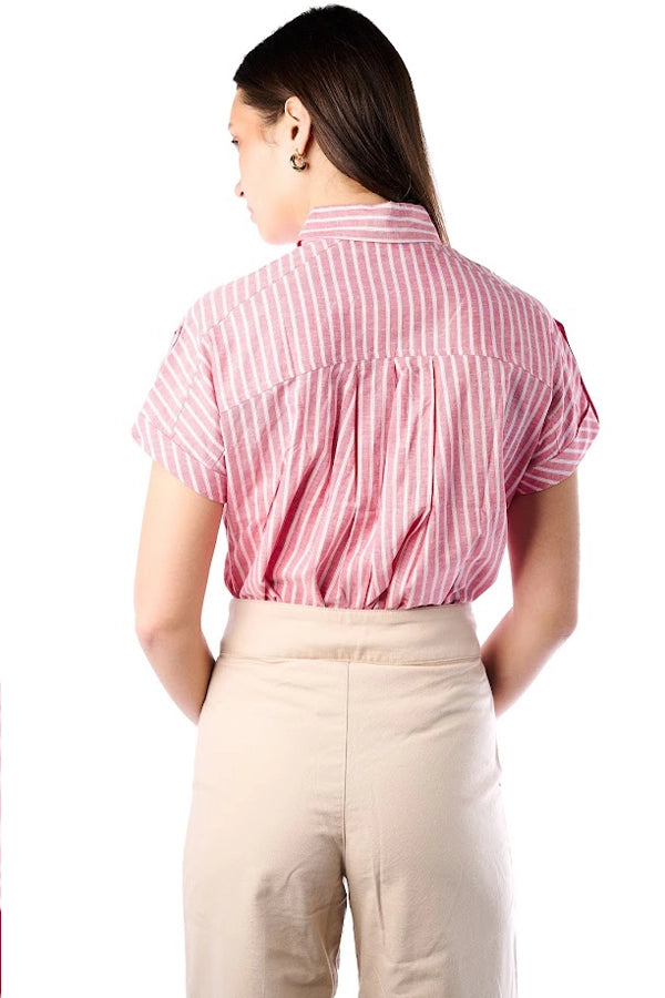 Red and White Striped Short-Sleeve Button-Up Shirt