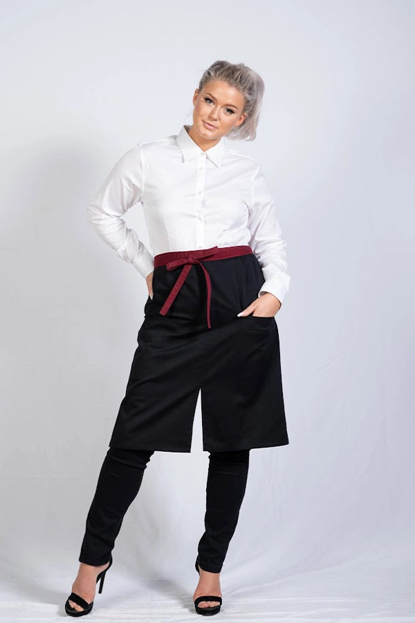Black Waist Apron with Burgundy Tie  & Front Pockets