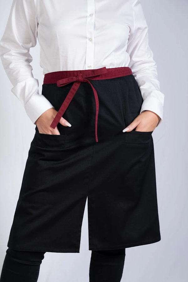 Black Waist Apron with Burgundy Tie  & Front Pockets