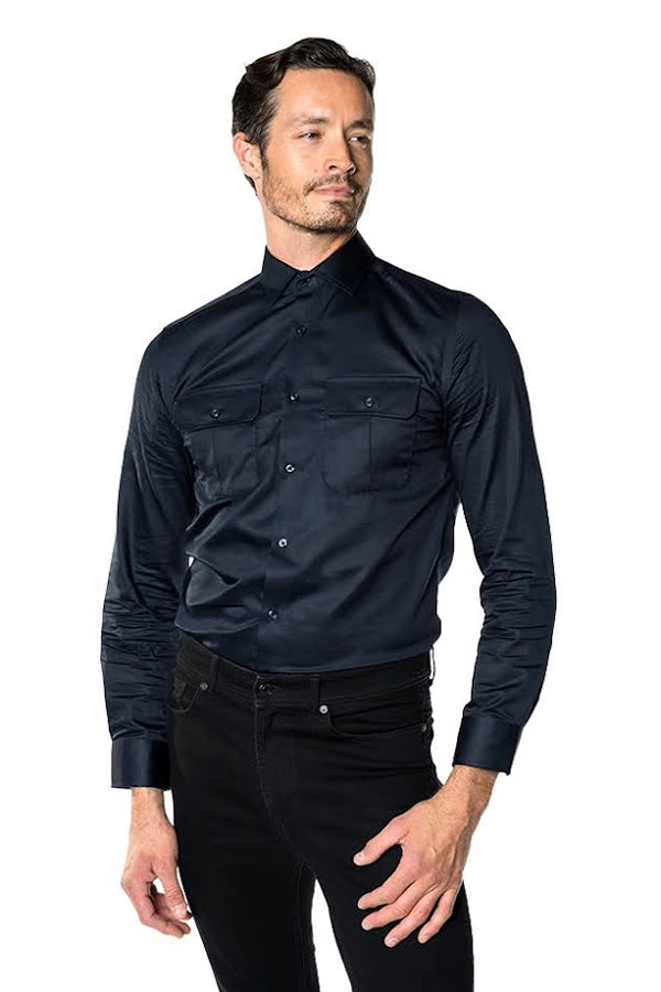 Sleek Navy Button-Up Shirt with Front Pockets