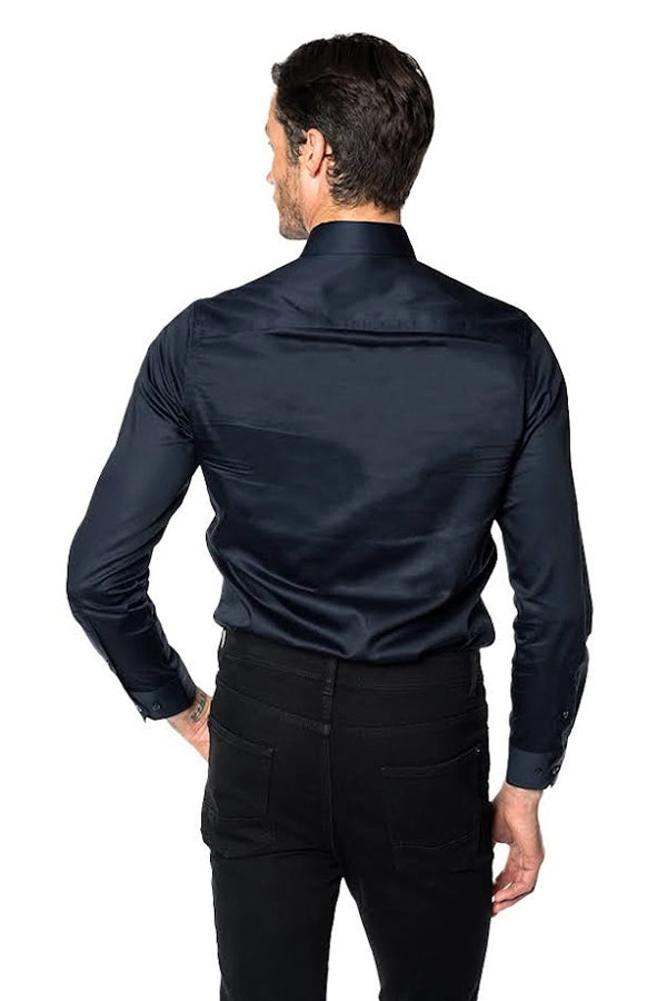 Sleek Navy Button-Up Shirt with Front Pockets