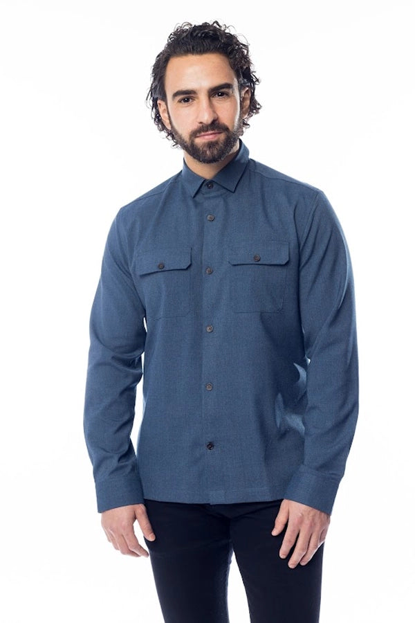 Men's Classic Blue Button-Up Shirt with Double Chest Pockets