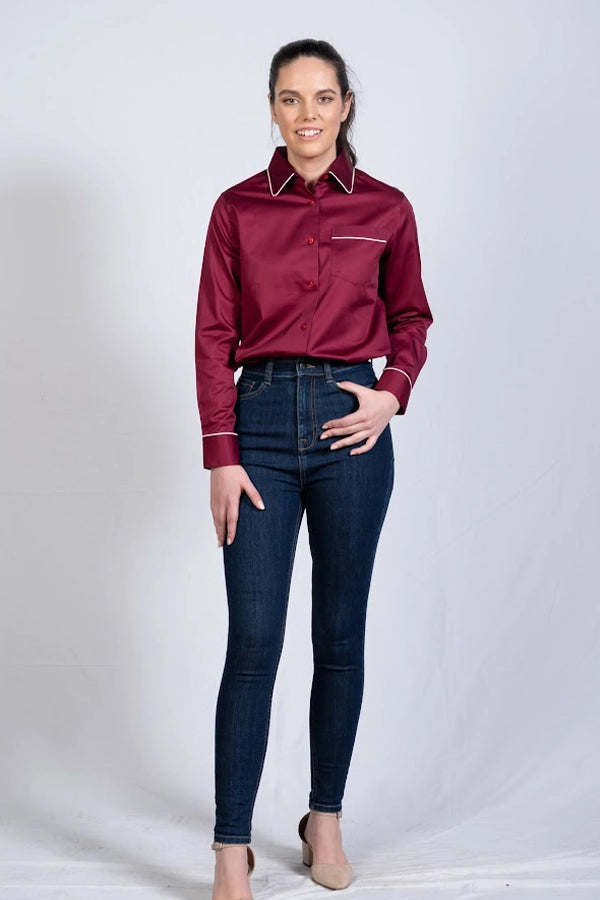 Women's Burgundy Satin Shirt with Contrast Piping