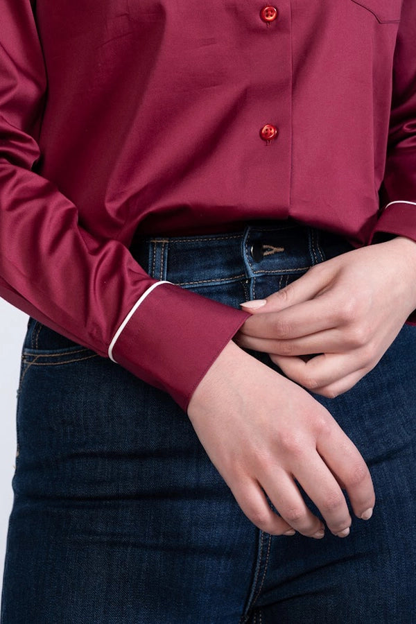 Women's Burgundy Satin Shirt with Contrast Piping