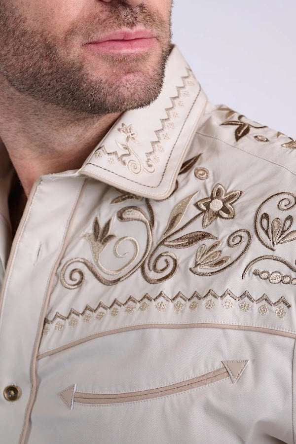 Men's Western Embroidered Button-Up Shirt in Cream