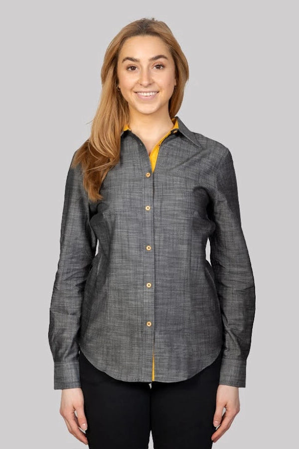 Chic Gray Button-Down Shirt with Yellow Accents