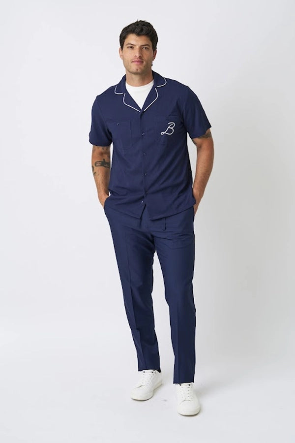 Men’s Navy Camp Collar Shirt with Contrast Piping