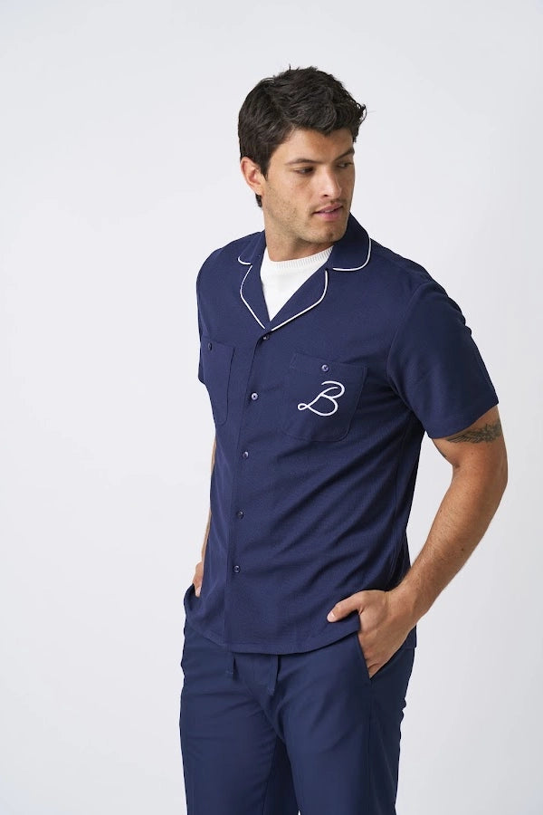 Men’s Navy Camp Collar Shirt with Contrast Piping