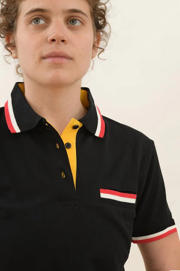 Women's Casual Black Polo T-Shirt  with Red and White Accents