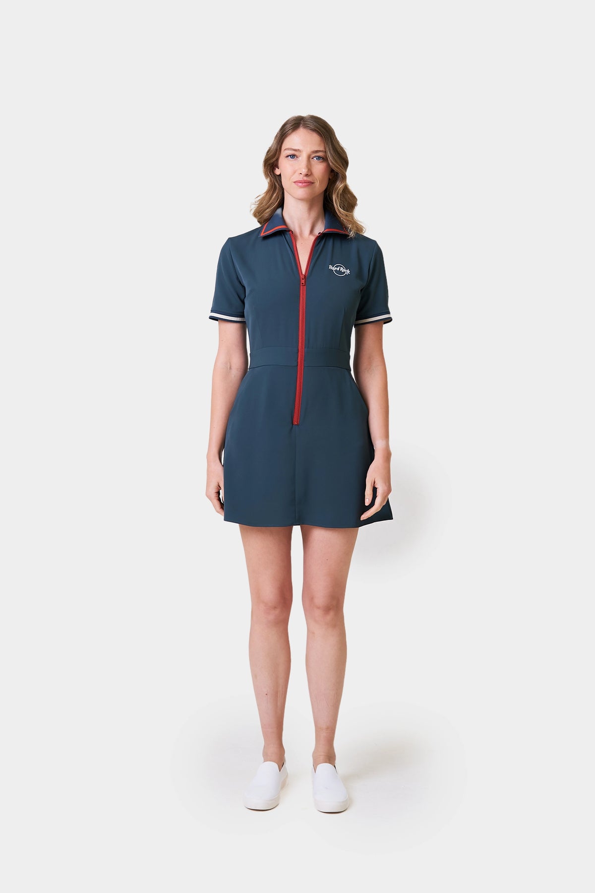 Hostess Summer Female Teal Short Sleeve Polo Dress With Front Zipper Closure And Logo Print on Chest