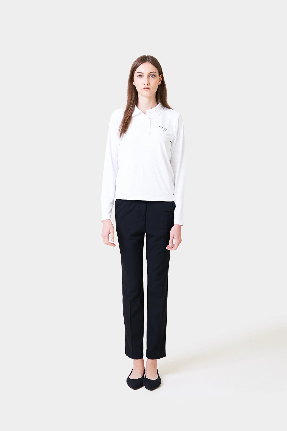 Hostess Winter Female White Long Sleeve Polo Shirt With Logo Print on Chest