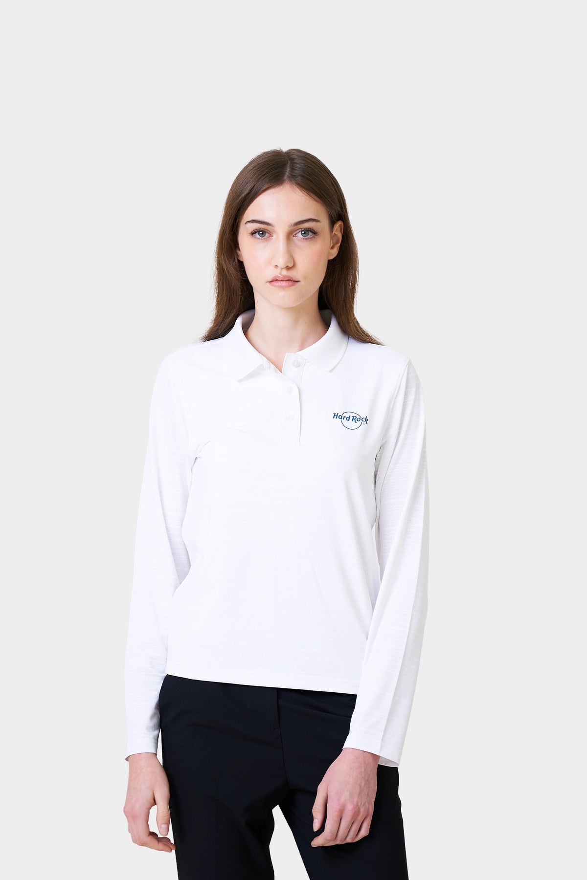 Hostess Winter Female White Long Sleeve Polo Shirt With Logo Print on Chest