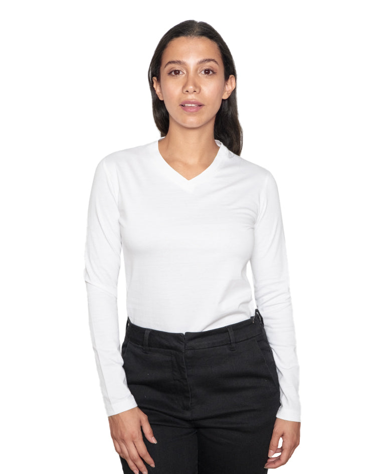 Women's Classic Long  Sleeve White V-Neck T-Shirt