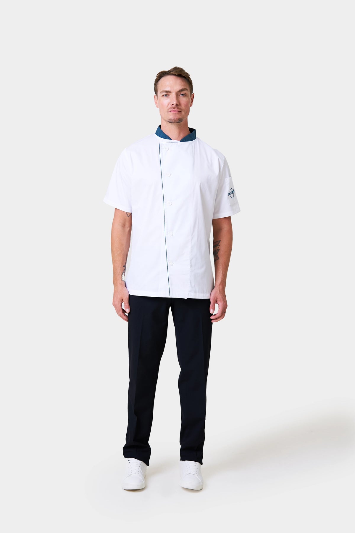 Male Chef Coat With Teal Contrast and Logo on Sleeve