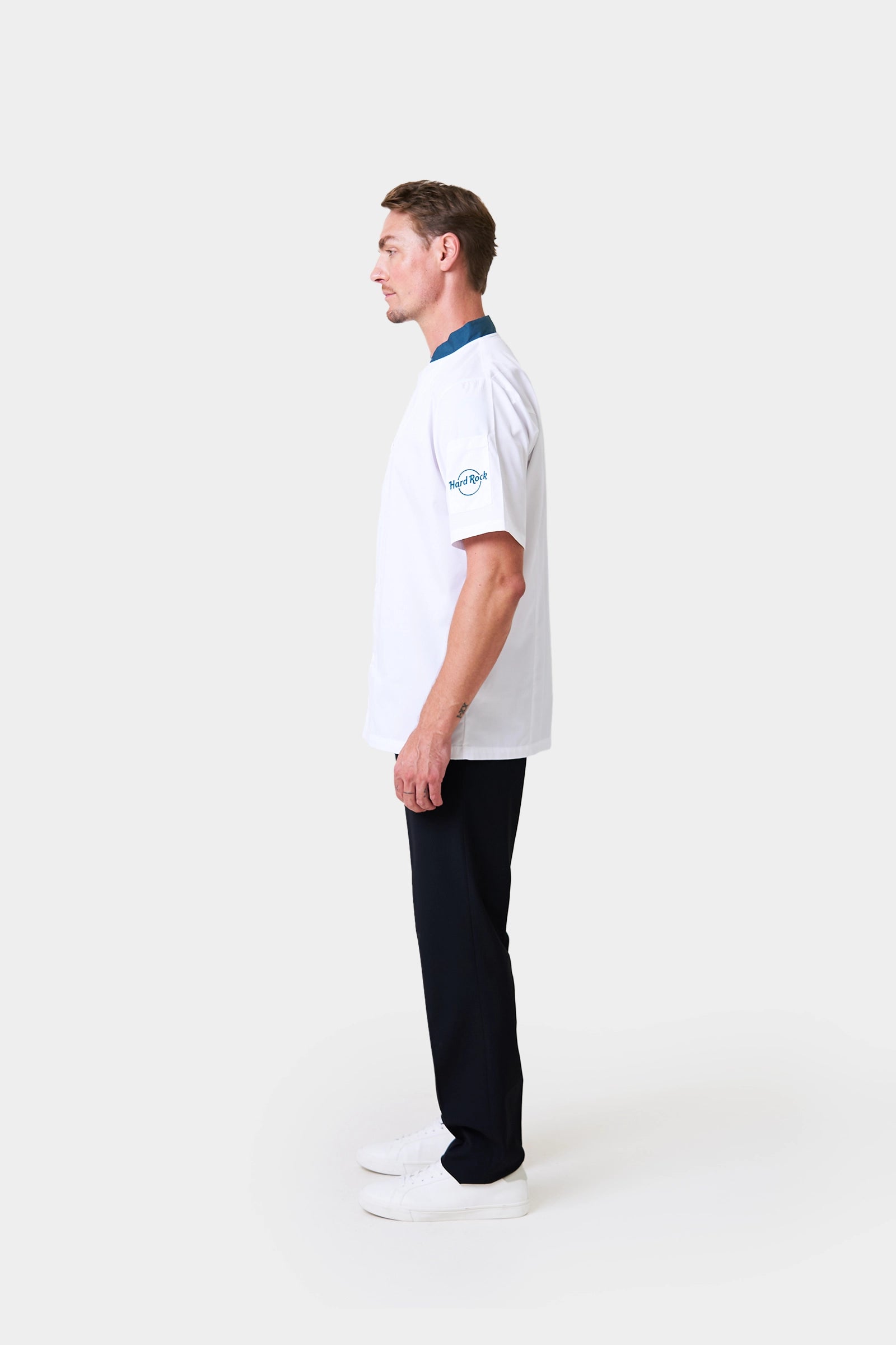 Male Chef Coat With Teal Contrast and Logo on Sleeve