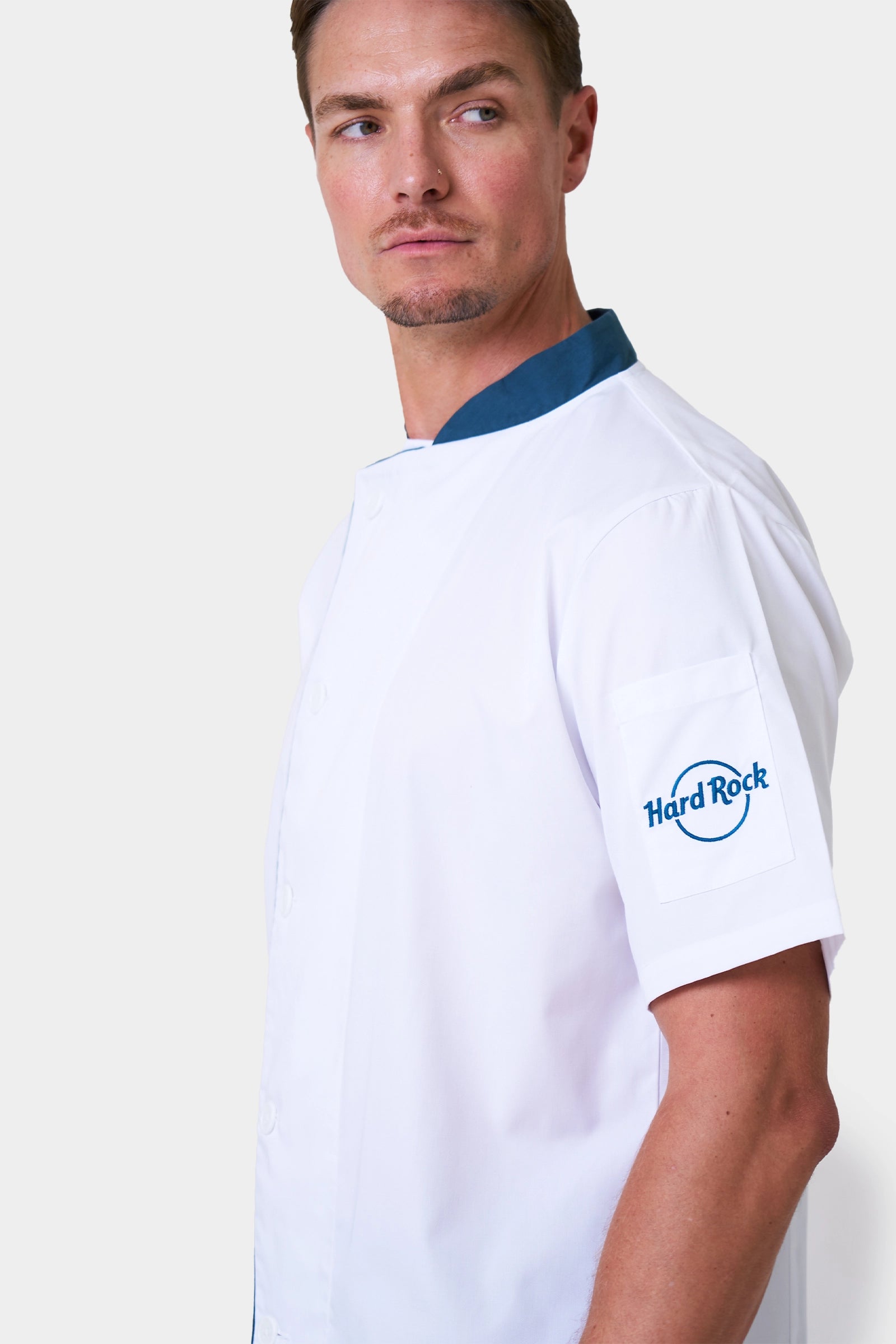 Male Chef Coat With Teal Contrast and Logo on Sleeve