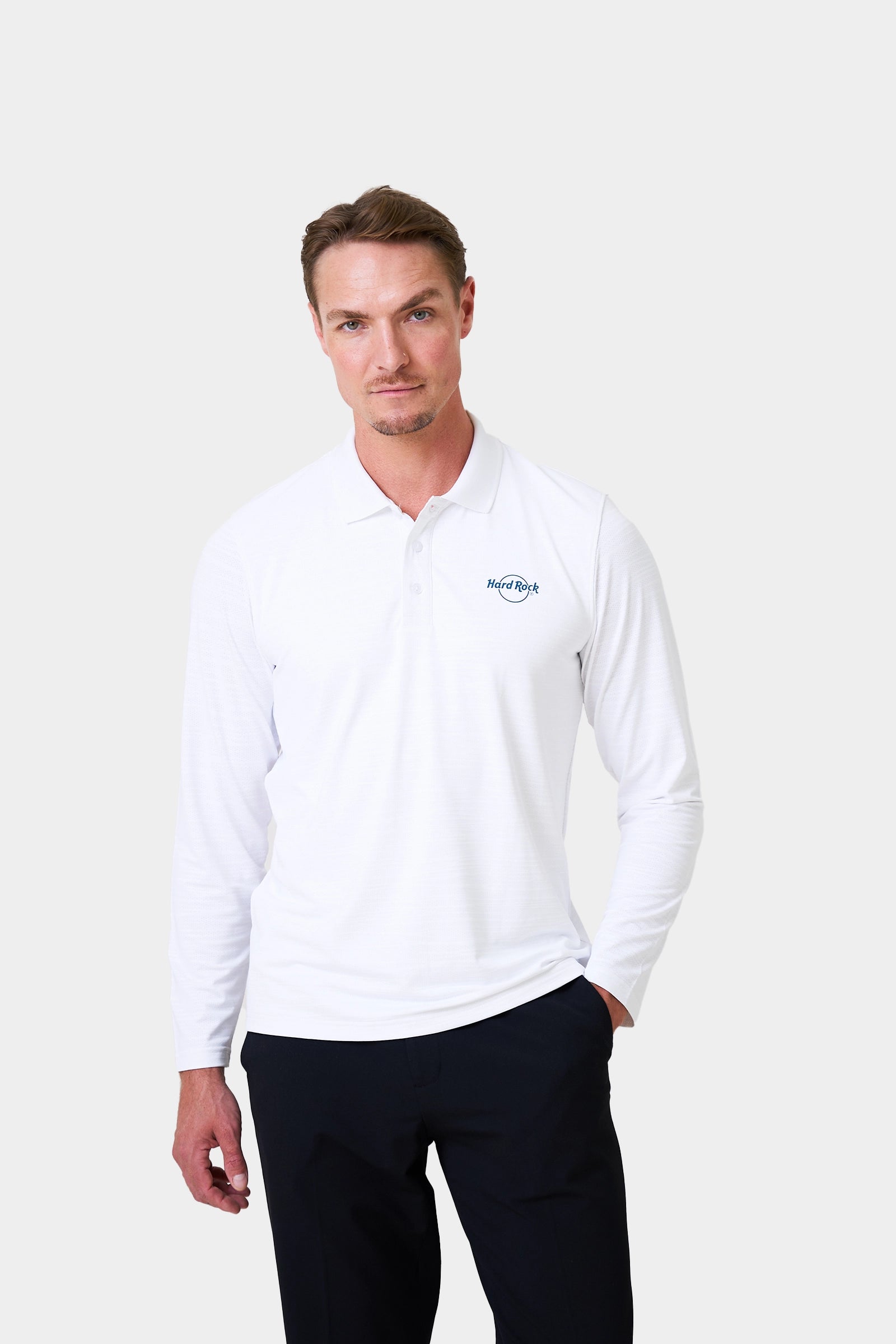 Host Winter Male White Long Sleeve Polo Shirt With Logo Print on Chest