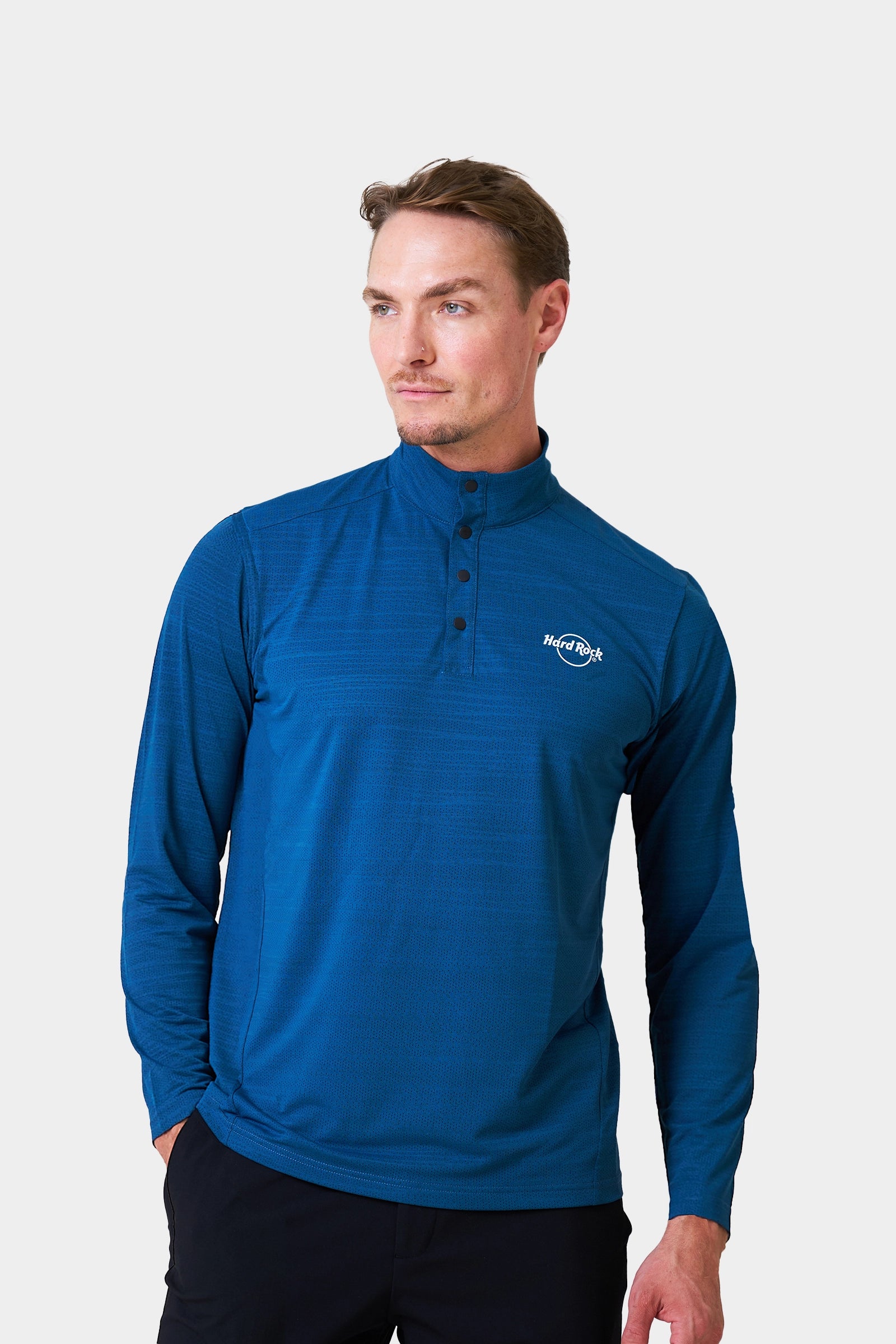 Bartender Winter Men's Teal Long Sleeve Henley Shirt With Logo Print on Chest