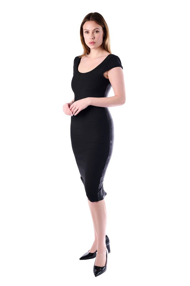 Black Bandage Dress with Cap Sleeves and Scoop Neckline
