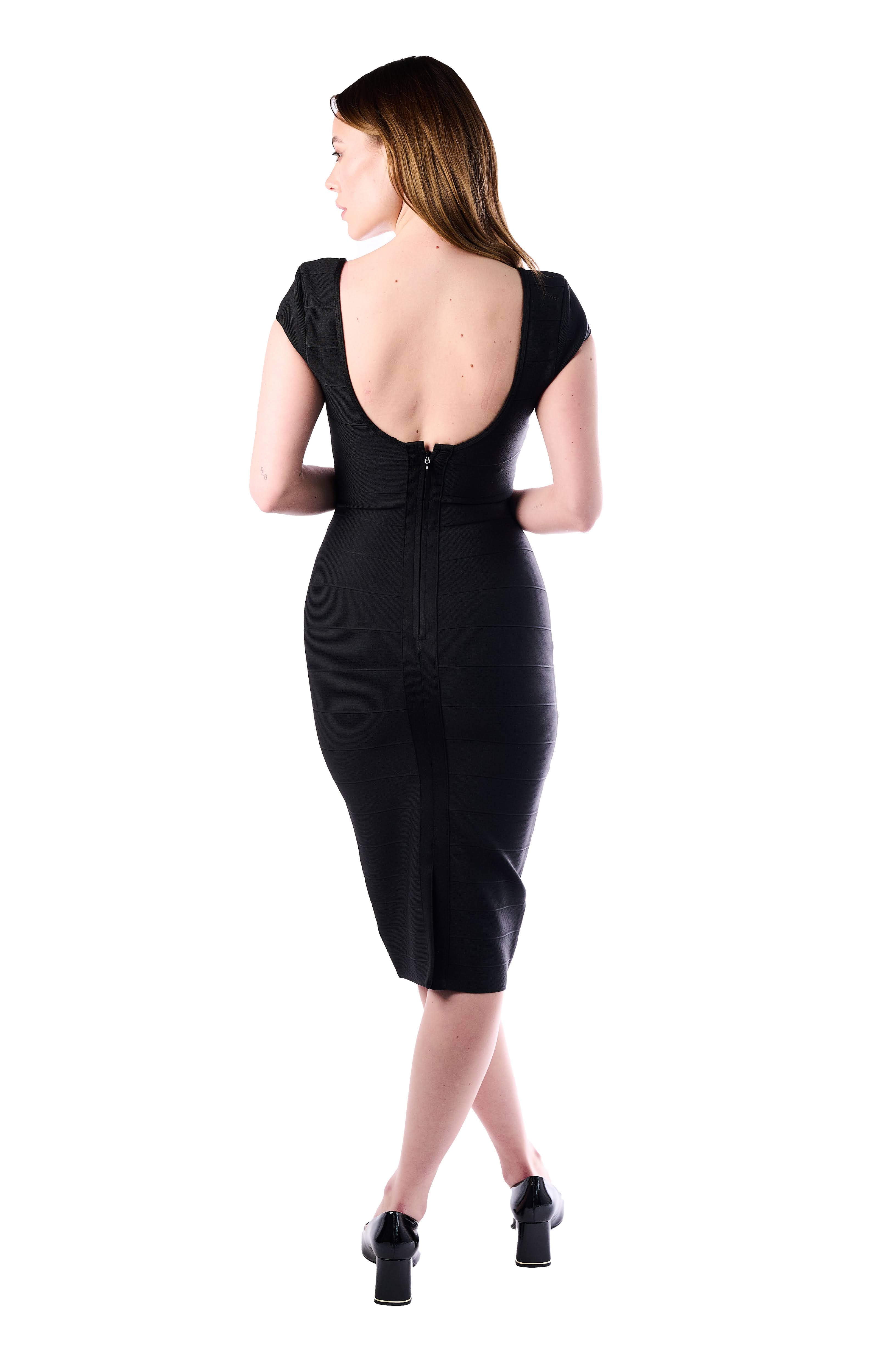 Black Bandage Dress with Cap Sleeves and Scoop Neckline
