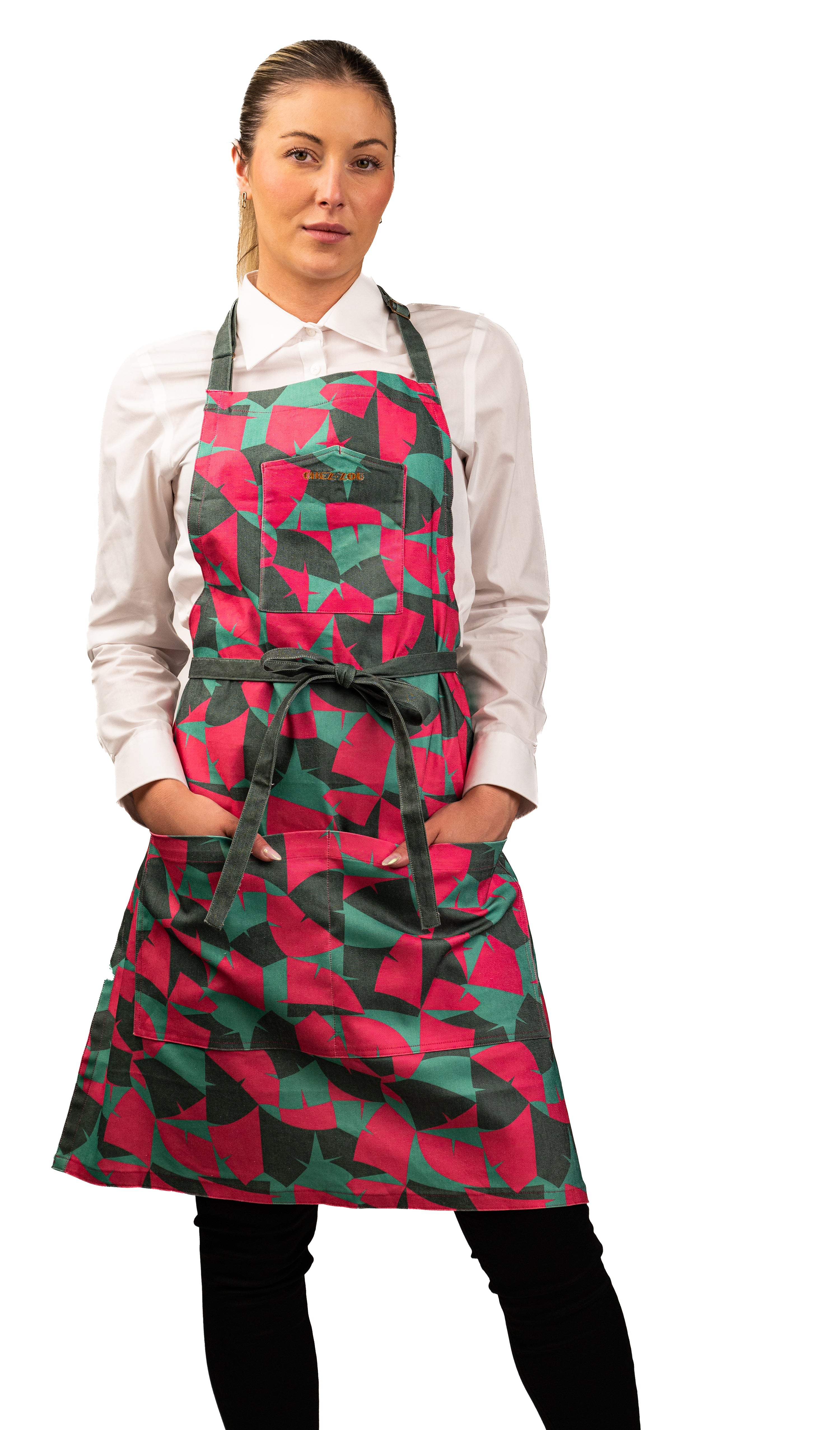 Custom Printed Bib and Bistro Aprons with Green Contrast Straps