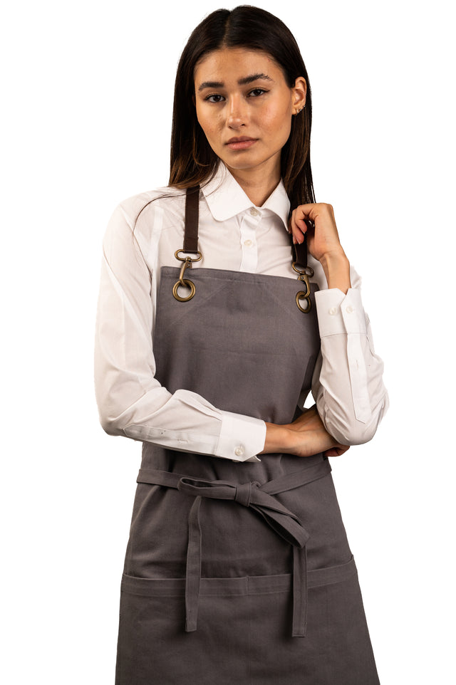 Charcoal Bib Apron with Brown Leather Straps