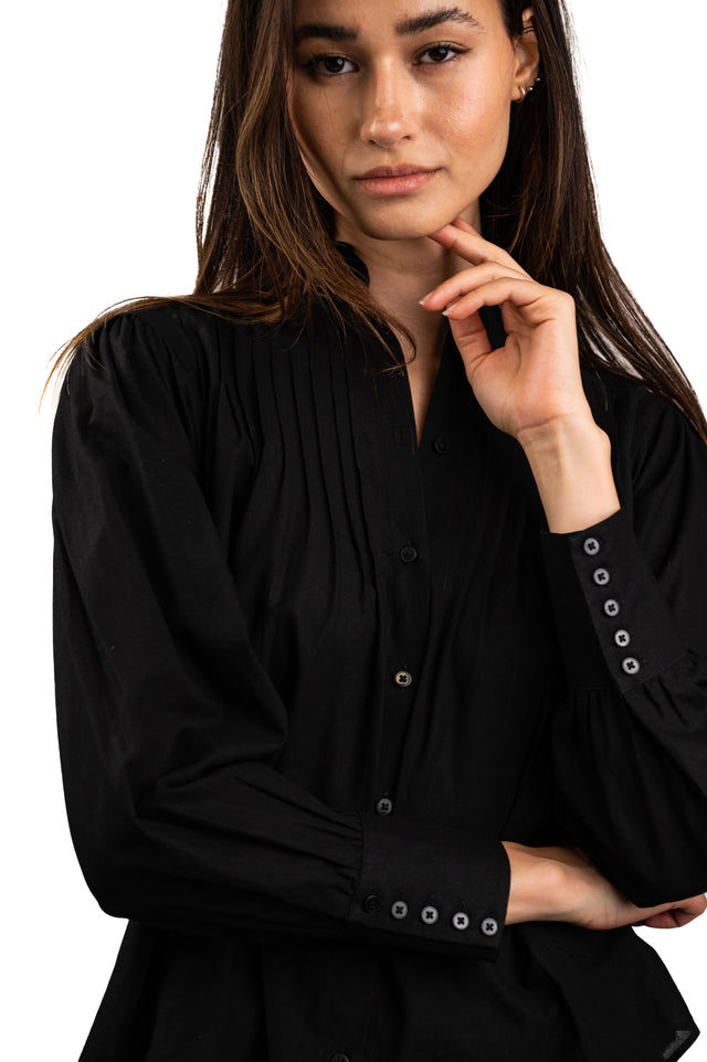 Long Sleeve Mandarin Collar Button Up Shirt with Front Pintuck Details