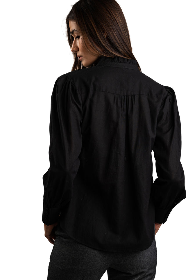 Long Sleeve Mandarin Collar Button Up Shirt with Front Pintuck Details