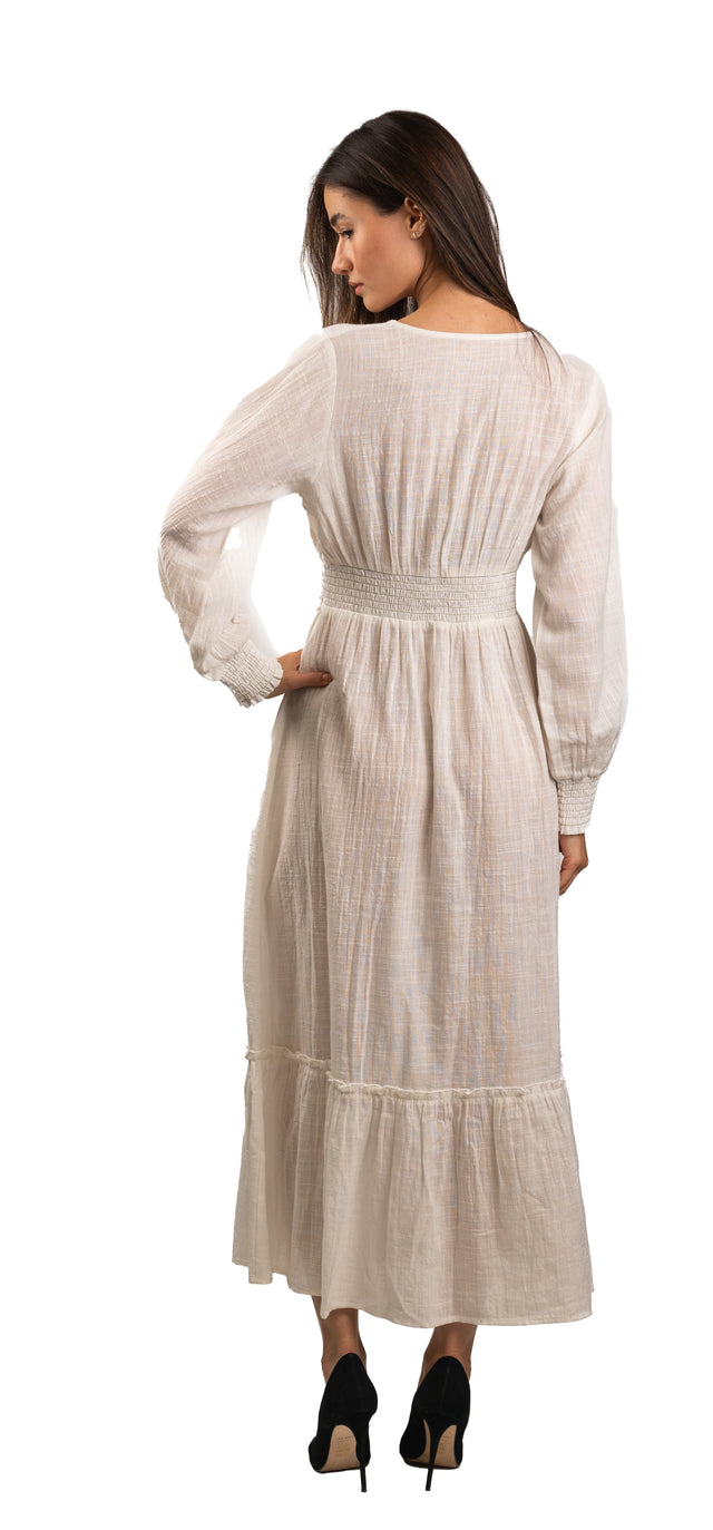 Off-White Maxi Dress with V-Neckline and Smocking Details on Waist